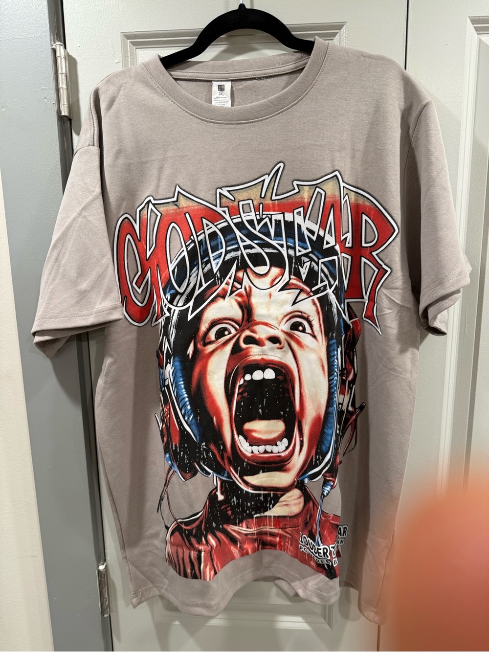 400 Gram 100% Cotton  Graphic Tee for male  - Gray with Red & Blue Design